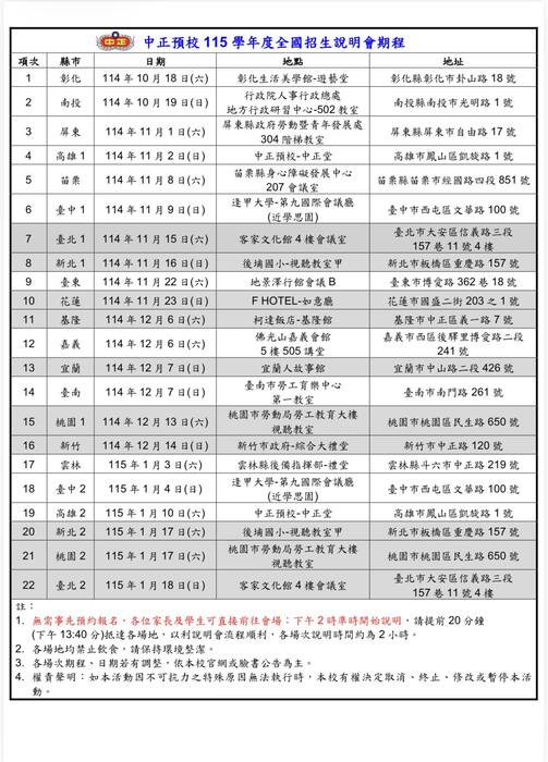 國軍中正預校招生說明會巡迴場次即將開跑，有志就讀國中部的同學及家長可踴躍參與了解喔!!圖片